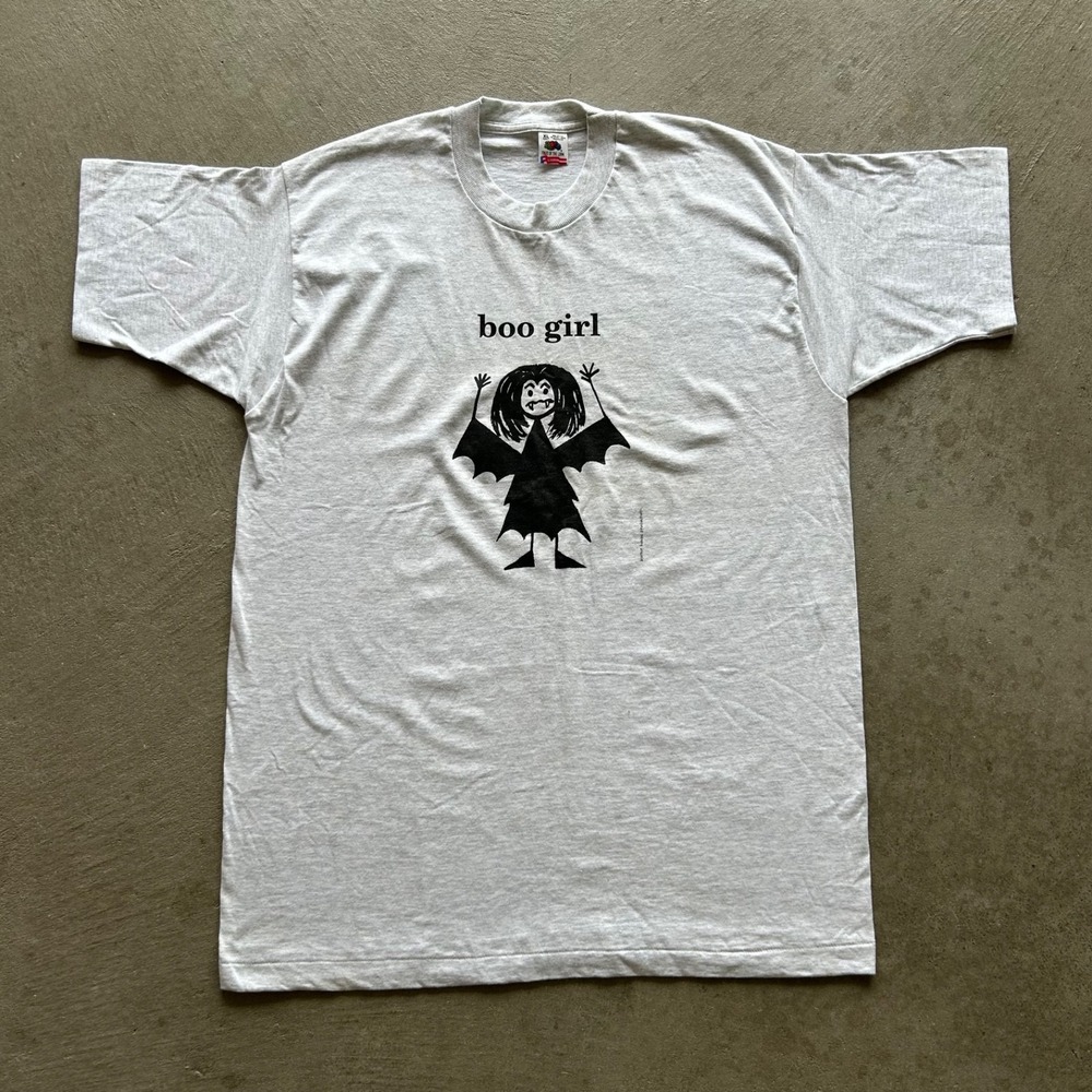 Vintage 90s Boo Girl Shirt Size XL Gray Parlor House Productions Halloween Bat